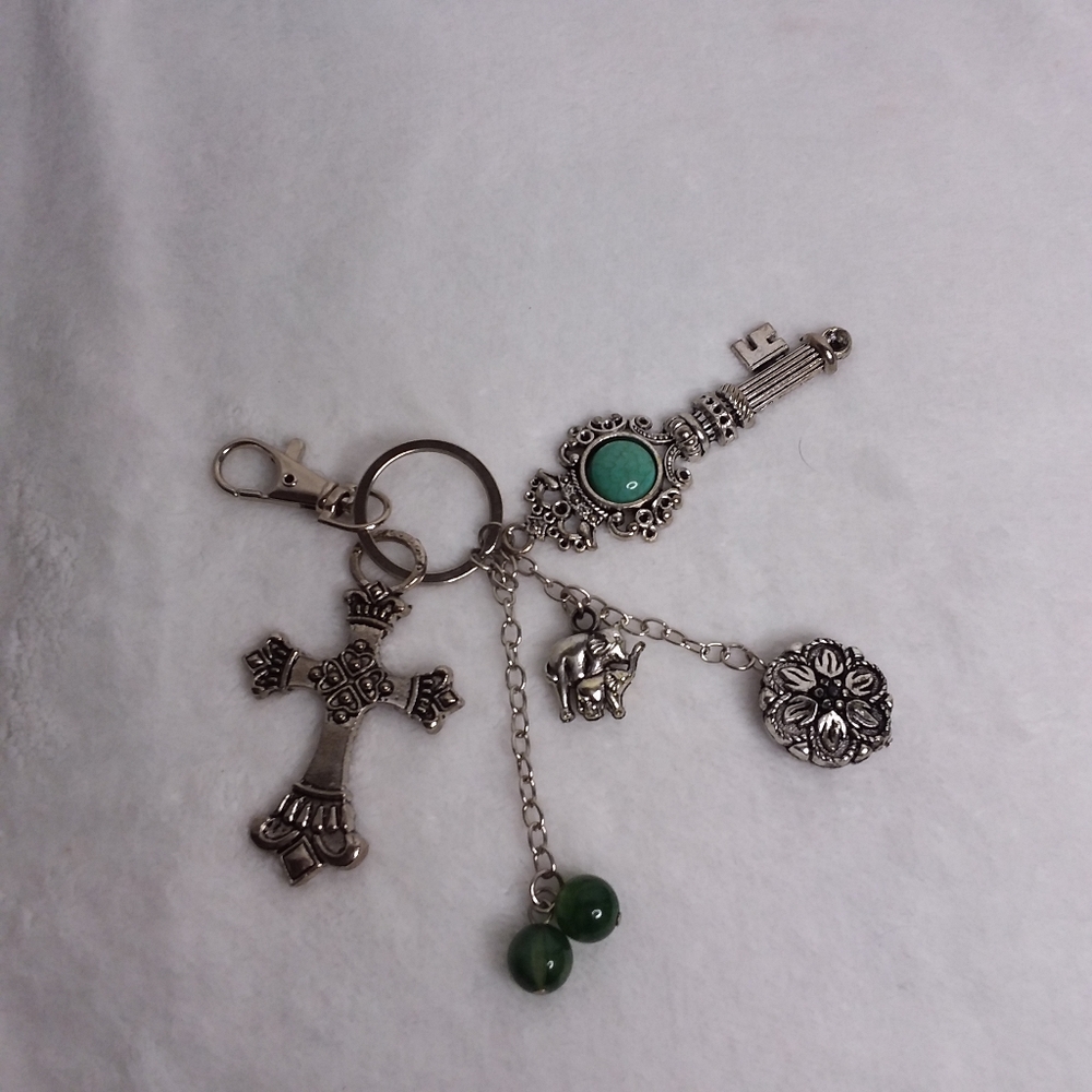 Key Holder Cross Key Mother Child Elephant Silver Tone